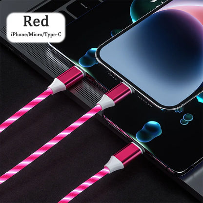 3-in-1 LED Glowing Charging Cable – 3A Micro USB & Type-C Flowing Streamer Cord for iPhone, Xiaomi & Huawei
