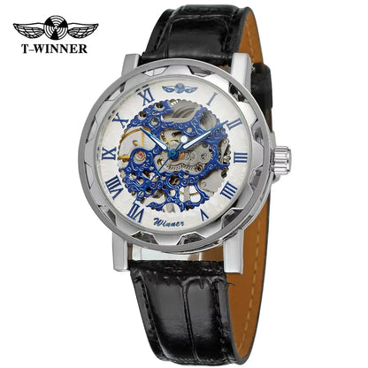 T-Winner Classic Skeleton Watch – Mechanical Hand-Wind Wristwatch with PU Leather Strap for Men & Women
