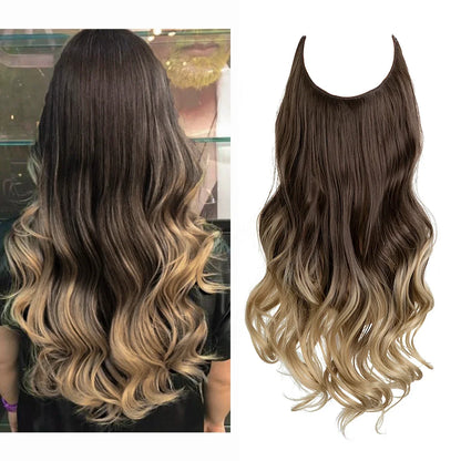Synthetic Ombre Hair Extension - One Piece Invisible Wire Long Wavy Clipless False Hairpiece Black Blonde Pink