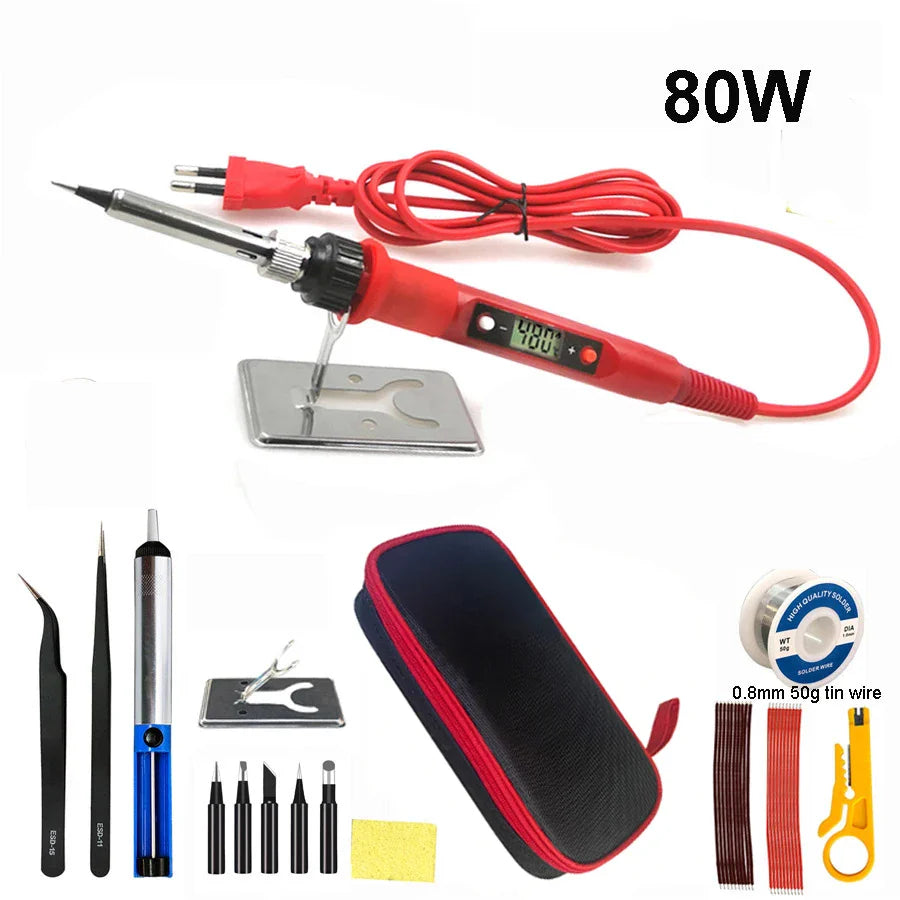 80W Digital Electric Soldering Iron Kit – Adjustable Temperature LCD Display Welding Tool Set (110V/220V) with Replaceable Tips