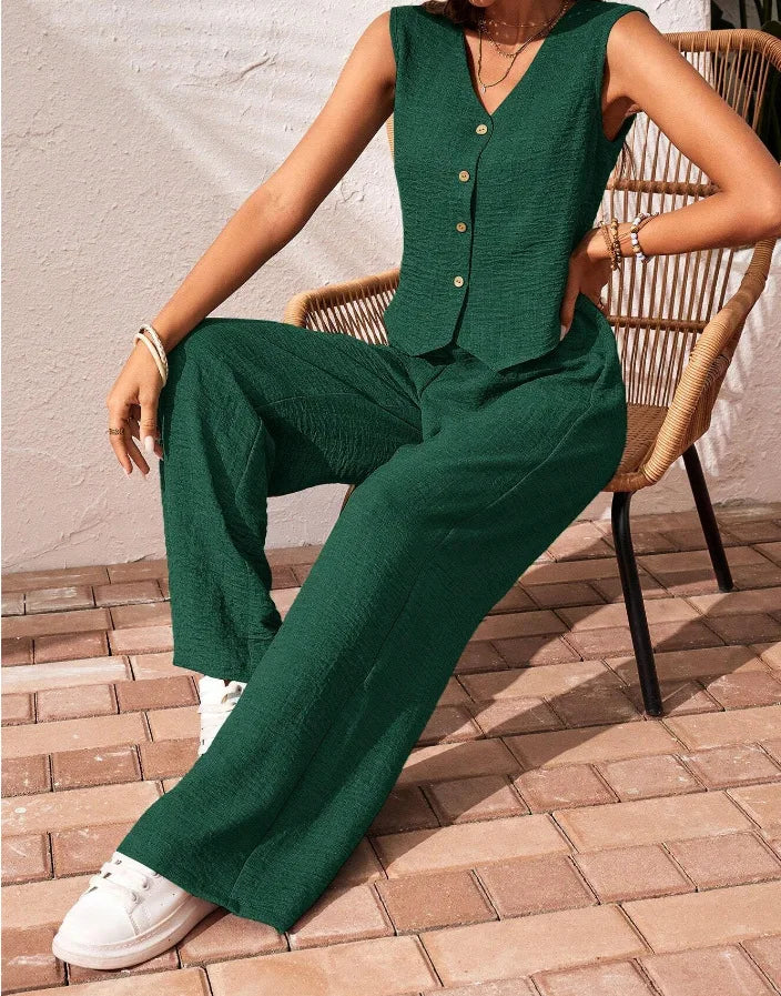 Women’s Summer Cotton Linen Two-Piece Set 2025 – V-Neck Button Vest Top & Casual Trousers Suit Shorts Pants Outfit Set