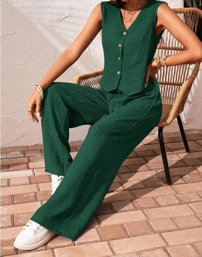 Women’s Summer Cotton Linen Two-Piece Set 2025 – V-Neck Button Vest Top & Casual Trousers Suit Shorts Pants Outfit Set