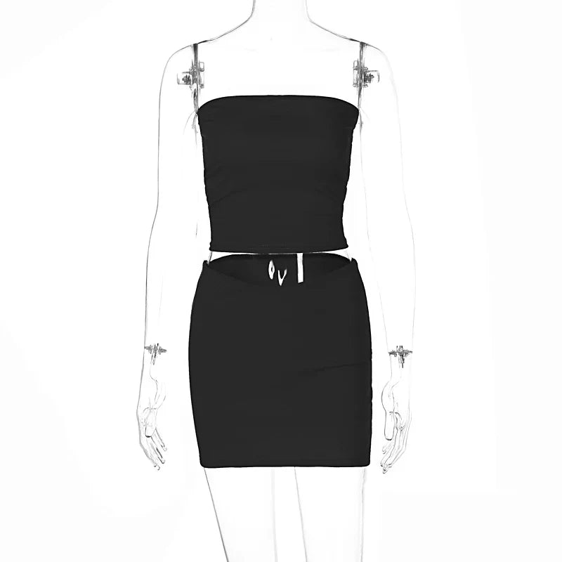 Hugcitar Solid Sleeveless Folds Tube Crop Top & Skirt Set – 2 Piece Summer Fashion Streetwear, Beach Clothing