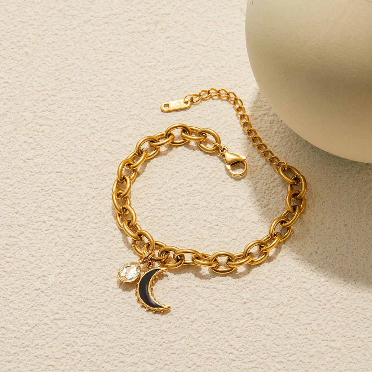 Minimalist 18K Gold Plated Water Drop Pendant Bracelet – Stainless Steel Rhinestone Black Oil Drop Moon Design Jewelry for Women