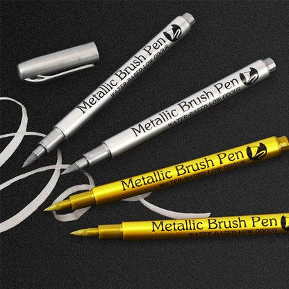 2/1Pc Brush Metallic Marker Pens - Gold and Silver Permanent Art Markers for Manga, Crafts, Scrapbooking, and School Stationery Supplies