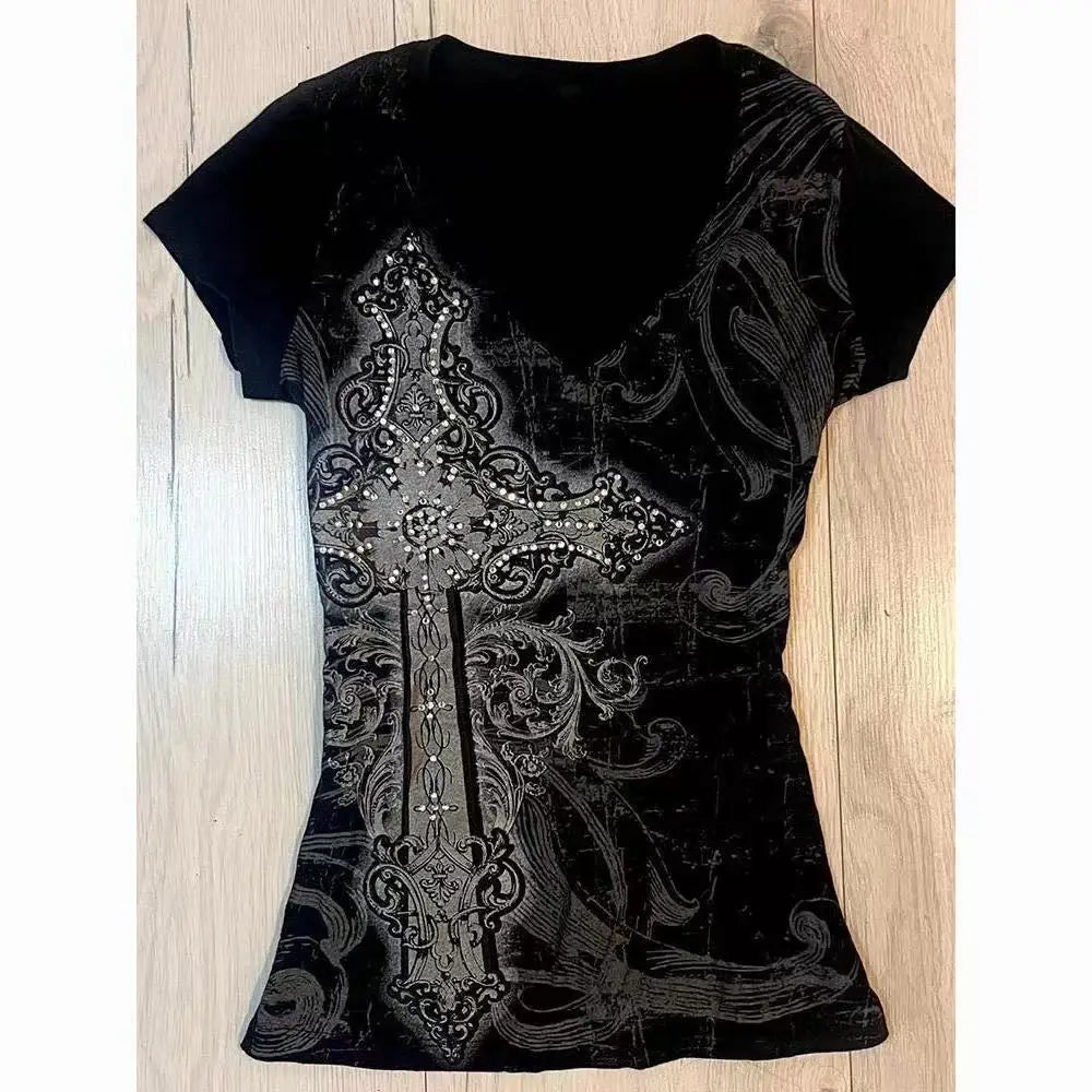 Y2K Women’s Gothic Grunge Crop Top – Vintage Punk Print Slim Fit Streetwear T-Shirt 2000s Retro Style