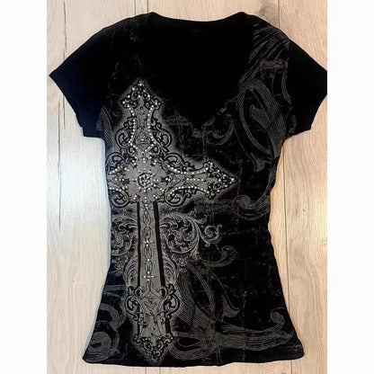 Y2K Women’s Gothic Grunge Crop Top – Vintage Punk Print Slim Fit Streetwear T-Shirt 2000s Retro Style