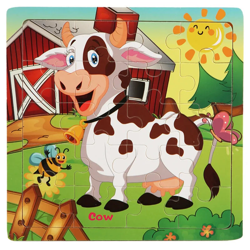 20PCS Wooden 3D Cartoon Animal & Vehicle Puzzle – Montessori Educational Jigsaw Toys for Kids Ages 1–3