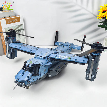 HUIQIBAO MOC 1389PCS V-22 Tiltrotor Aircraft Building Blocks – Military Helicopter Model Toy for Kids & Home Decor