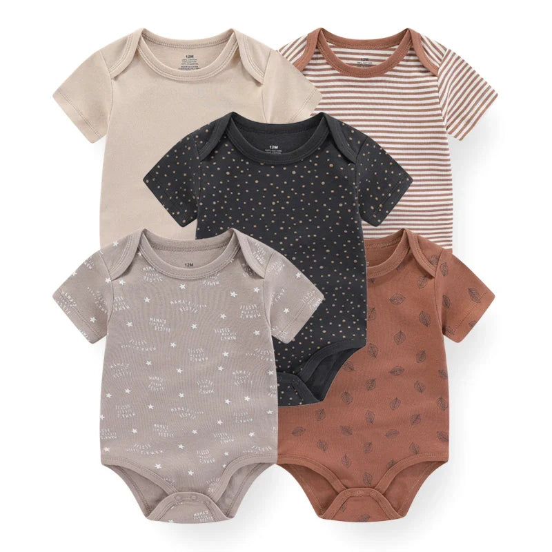 5PCS Newborn Baby Bodysuit Set - Soft Cotton Unisex Baby Clothes with Cartoon Print for Boys & Girls