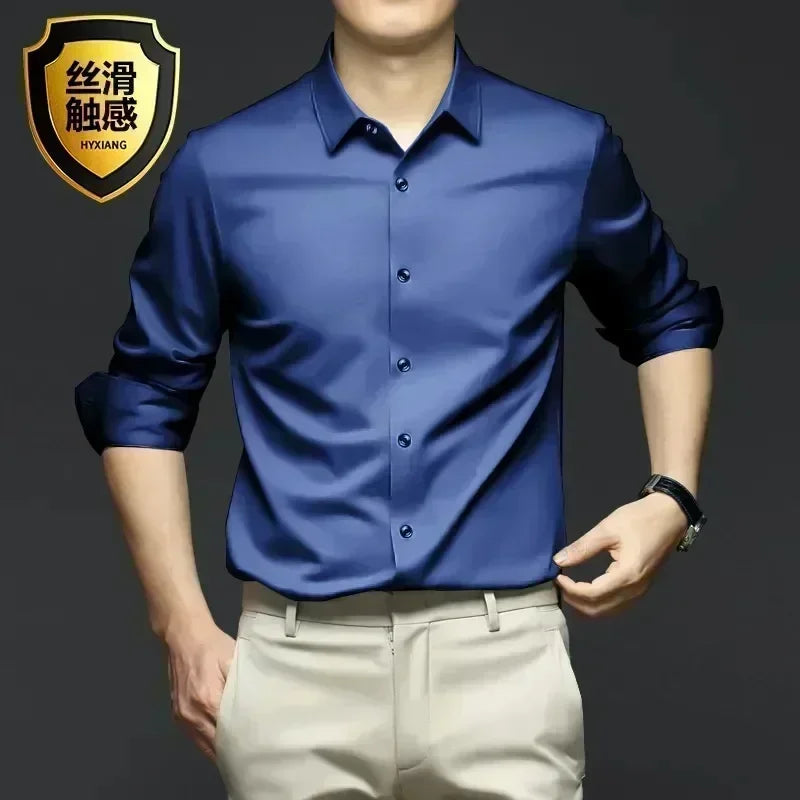Men’s Luxury White Dress Shirt - Wrinkle-Resistant Ice Silk Glossy Long Sleeve Business Casual Shirt S-6XL