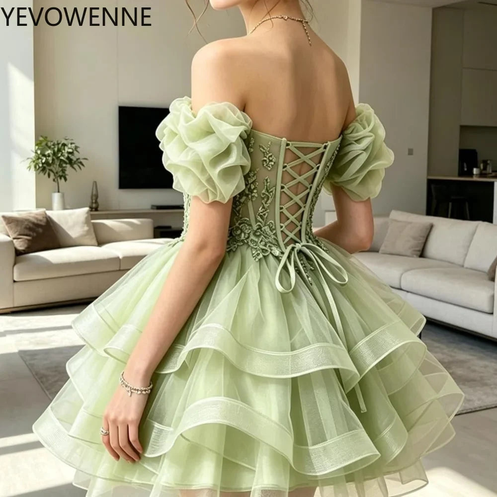 Beaded Lace Homecoming Dress - Short Tiered Tulle Sequin Prom & Quinceañera Gown