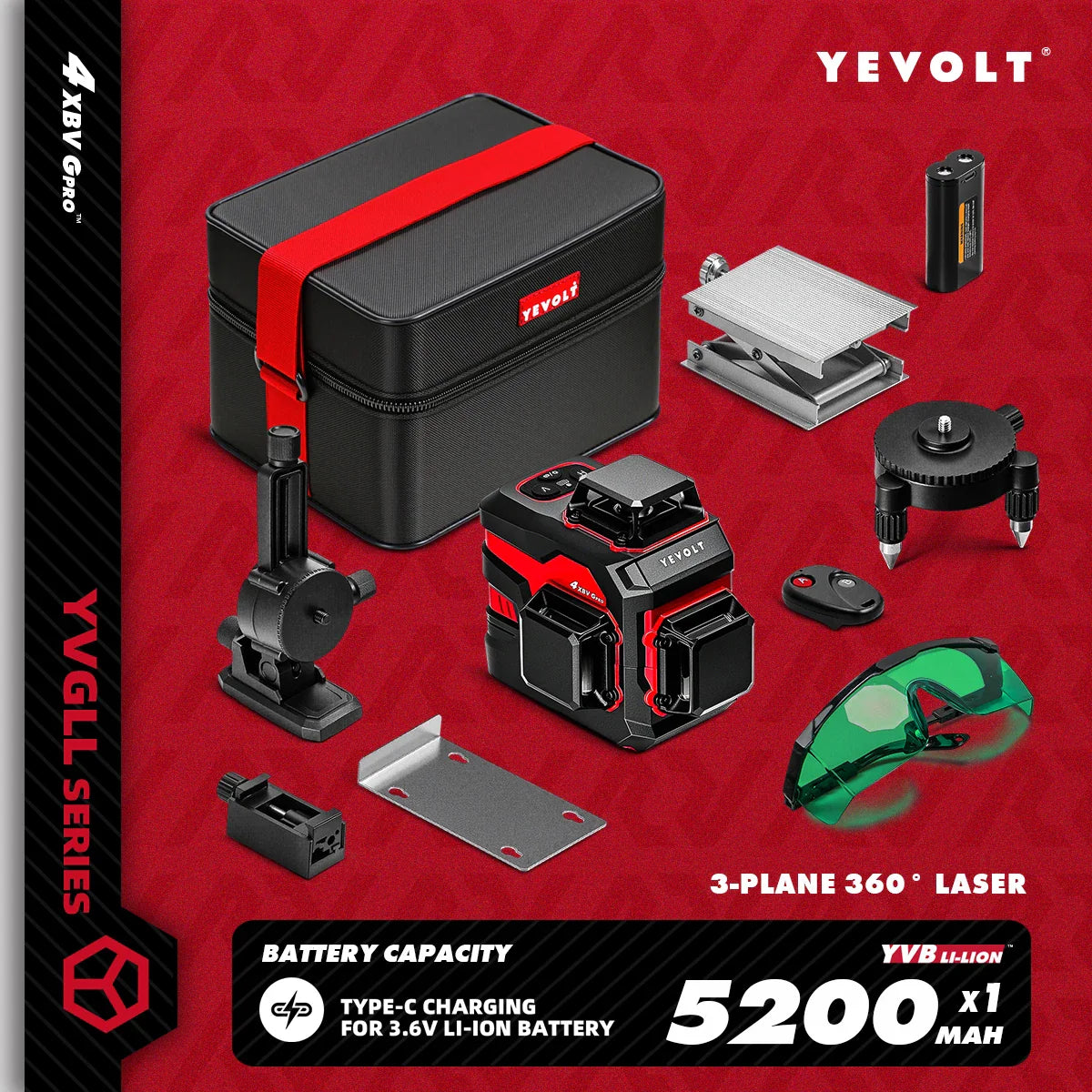 YEVOLT YVGLL4XS12 12-Line Green Laser Level – ±0.2mm/m Precision, IP54 Waterproof, Auto-Leveling with Slope Mode