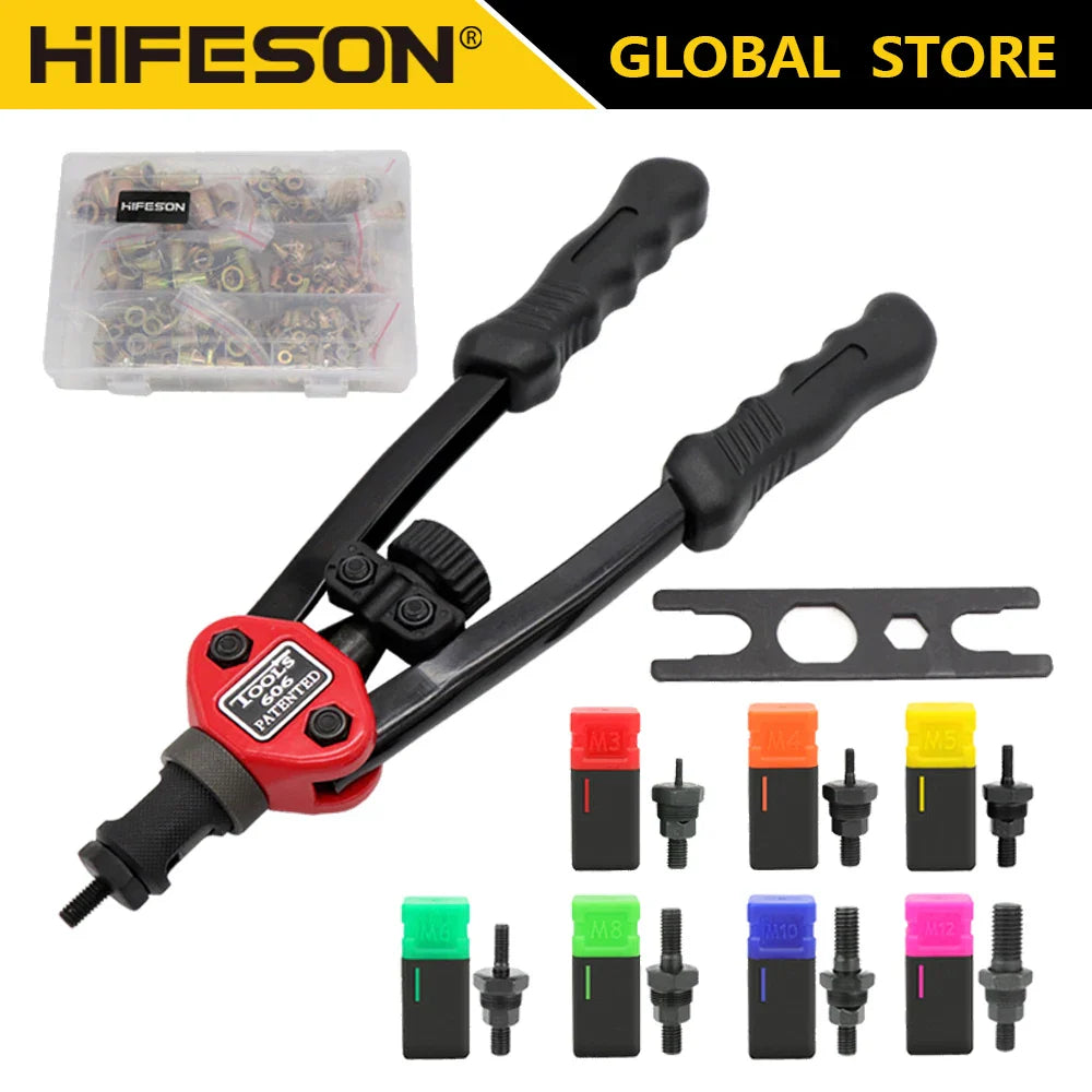 HIFESON Hand Threaded Rivet Nut Gun — Manual Riveter with 70/95/300PCS M3-M12 Nuts for Easy Installation