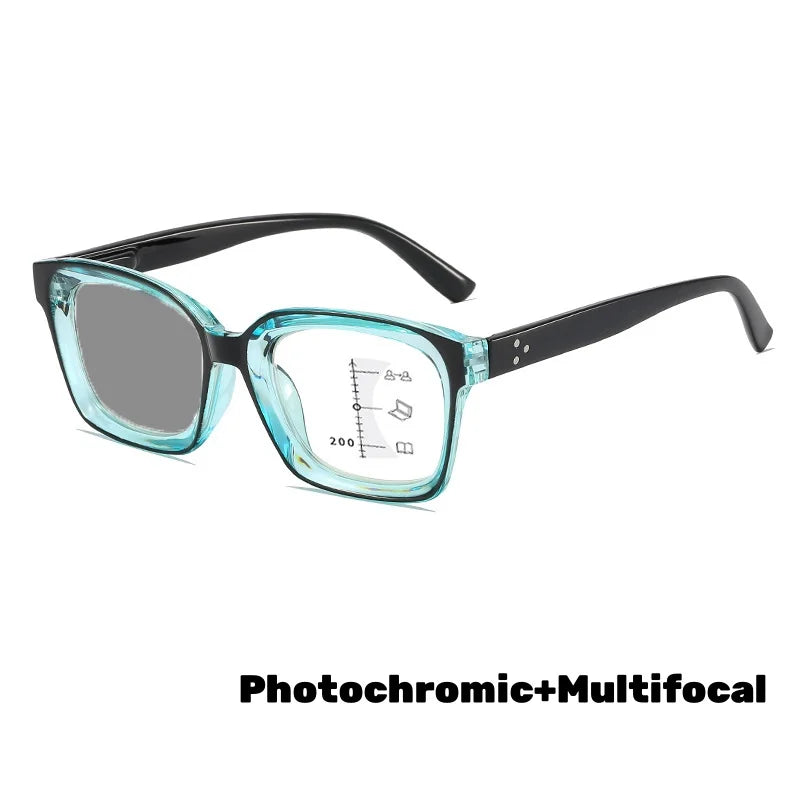Photochromic Multifocal Reading Glasses – Ultralight Progressive Square Frame Anti-UV Presbyopia Eyewear for Men & Women