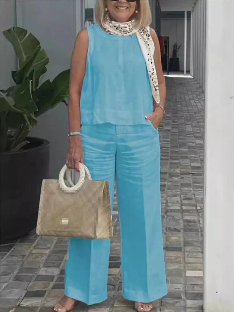 Women Cotton Linen Summer 2-Piece Set – Sleeveless Loose Blouse & Wide Leg Pants Casual Fashion Outfit Suit