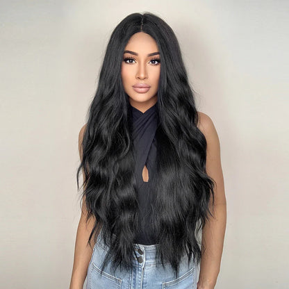 ALAN EATON Black Long Wavy Synthetic Wig – Natural Afro Hair, Middle Part, Heat-Resistant Fiber for Daily Use