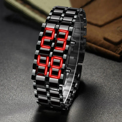 Men's Fashion Digital Lava Wrist Watch – Black Full Metal with Red/Blue LED Display, Sporty Gift for Men & Boys