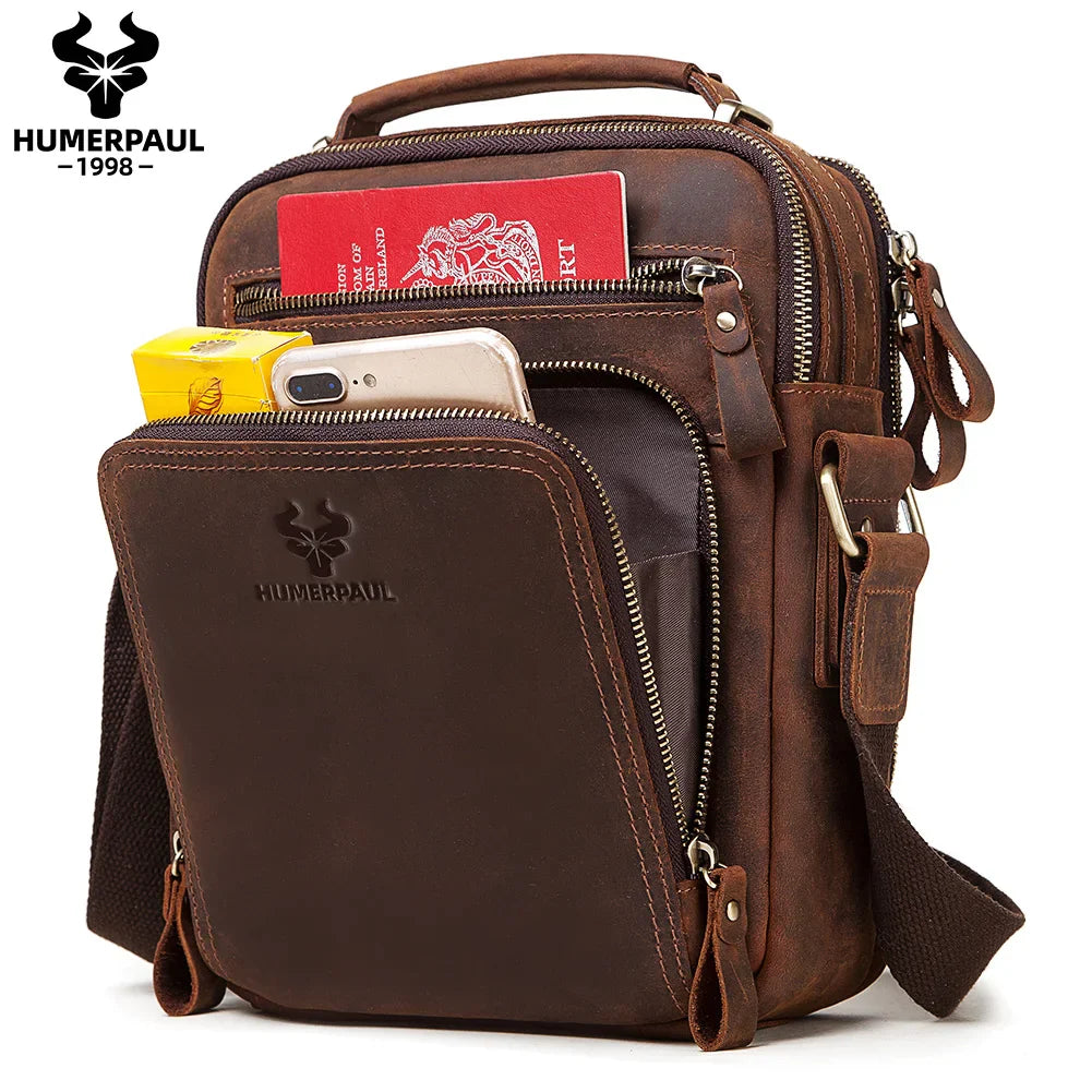 HUMERPAUL Genuine Leather Men's Shoulder Bag – Vintage Crossbody, Large Capacity Messenger Tote for Travel