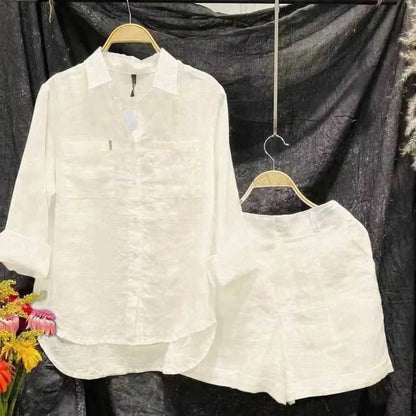 2025 Women’s Summer Two-Piece Set – White Cotton Linen Long Sleeve Shirt & Shorts Casual Home Outfit