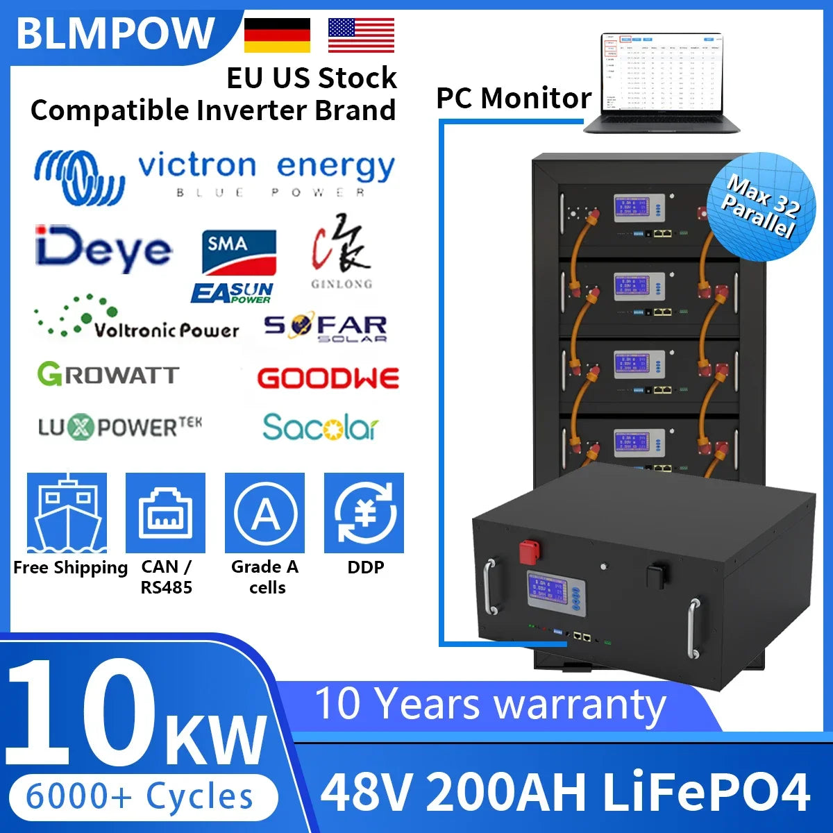 LiFePO4 48V 100Ah/200Ah Lithium Solar Battery Pack – 51.2V 10kW, 6000 Cycles, 16S 200A BMS, Max 32 Parallel for Inverter