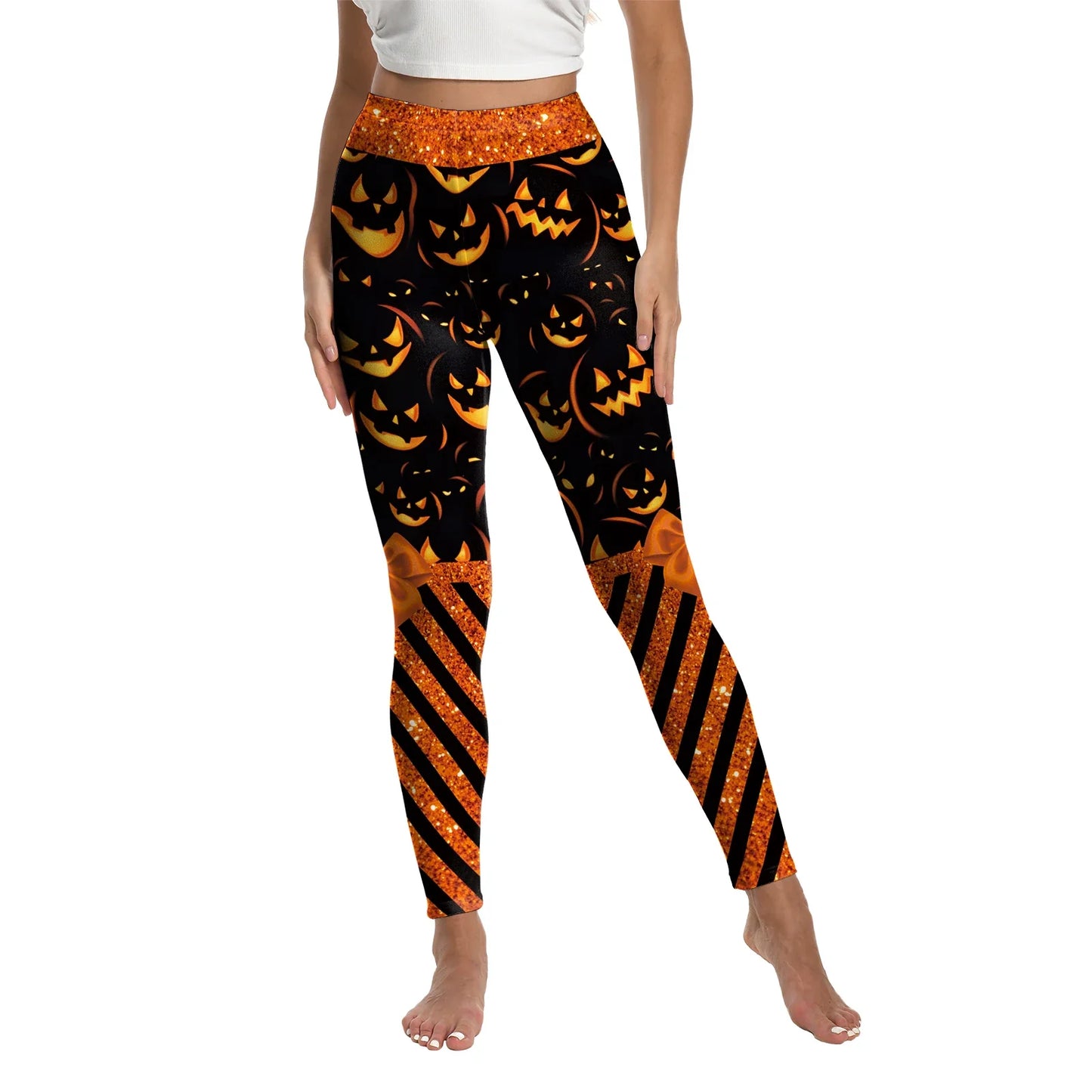 Women’s Halloween Leggings - Spooky Pumpkin Stripe Graphic Stretch Pants for Parties & Workouts