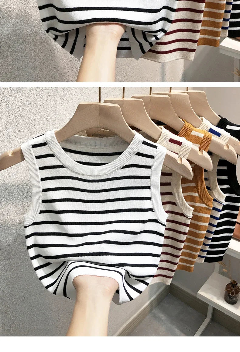 Women's Striped Sleeveless Tank Top — Knitted Crop Summer & Spring Casual Slim Fit Vest Camis
