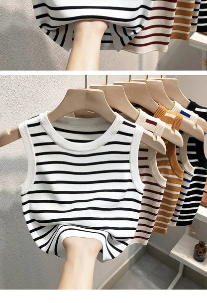 Women's Striped Sleeveless Tank Top — Knitted Crop Summer & Spring Casual Slim Fit Vest Camis