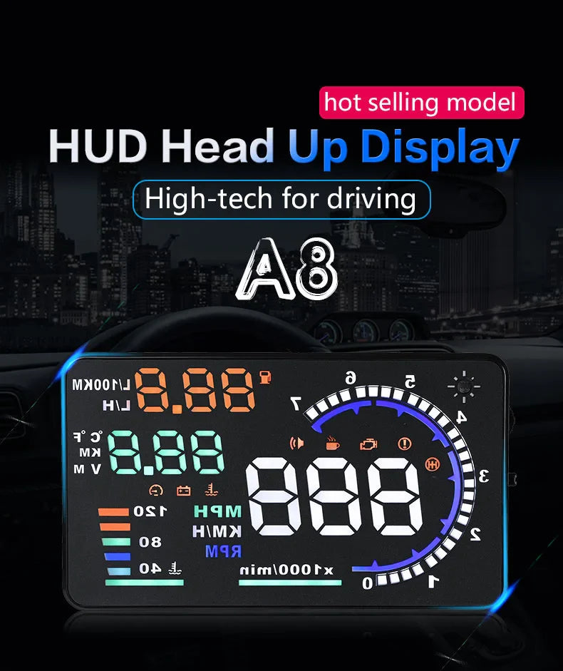 ADQ 5.5" OBD2 HUD Car Head-Up Display – Digital Speedometer, Tachometer, Windshield Projector with Speed, Water Temp & RPM Alarm