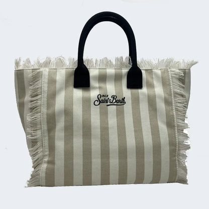 Saint Barth Large Capacity Women's Beach Handbag – European & American Style, Deep Blue Striped Tassel Tote