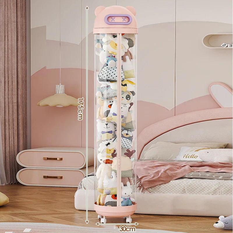 Large Capacity Transparent Toy Storage Bucket with Wheels – Children’s Plush & Stuffed Toy Organizer Barrel