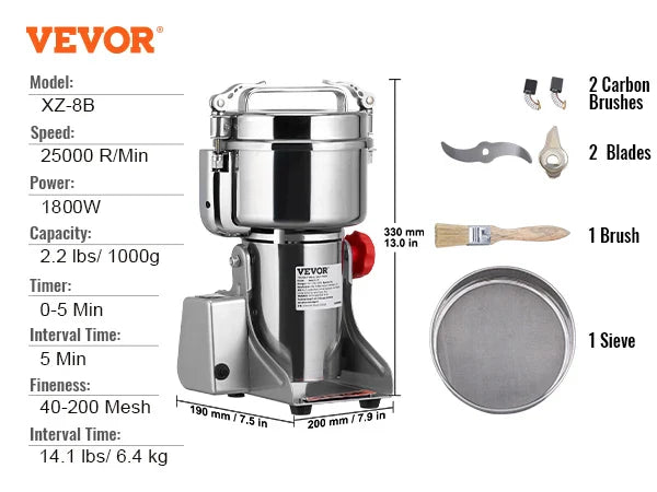 SucceBuy 150-2500g Electric Grain Mill Grinder – Commercial Spice & Herb Grinder for Coffee, Corn & Cereals