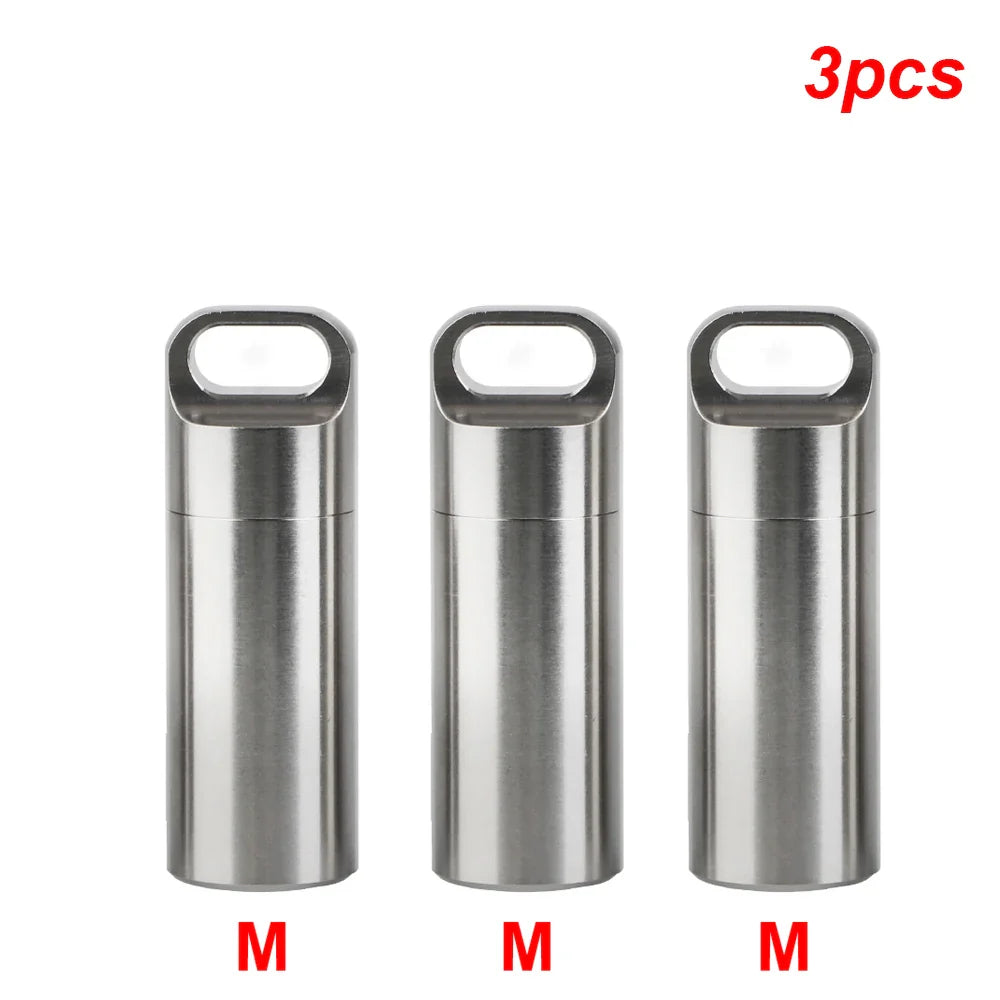 Stainless Steel Mini Pill Storage Box — S/M/L Waterproof Medicine Case with Keychain Seal Rings, Portable First Aid & Camping Pendant