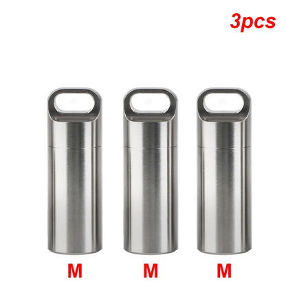 Stainless Steel Mini Pill Storage Box — S/M/L Waterproof Medicine Case with Keychain Seal Rings, Portable First Aid & Camping Pendant