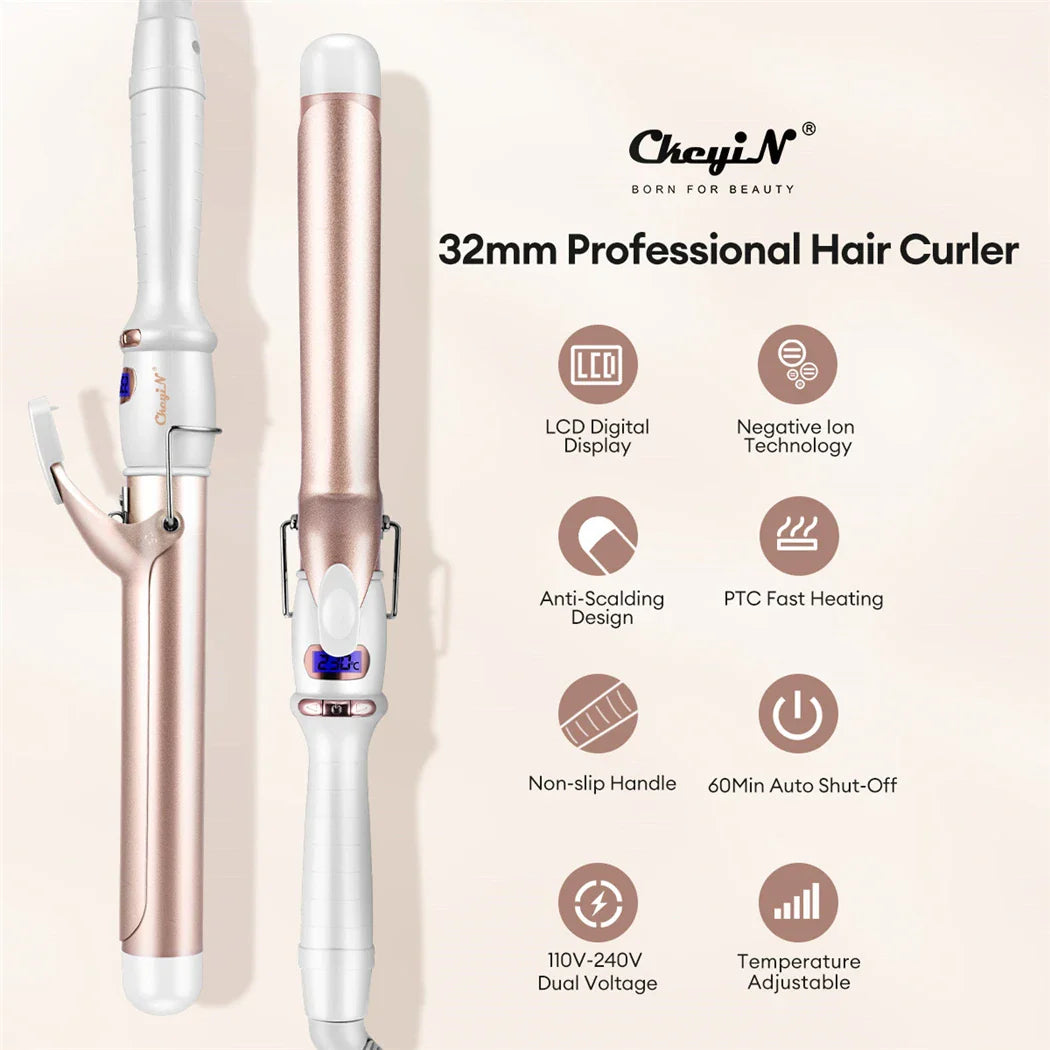 CkeyiN 32mm/38mm Electric Hair Curler – Professional Ceramic Curling Iron with Adjustable Temperature for Women