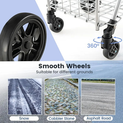 Folding Shopping Trolley with Double Basket, 360° Rotating Wheels & Adjustable Handles - Perfect for Luggage & Travel