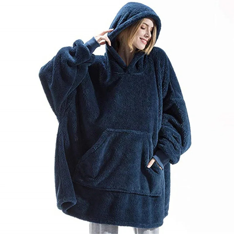 Oversized Fleece Hoodie Blanket - Warm Double-Faced Sherpa Robe with Large Pocket for Women & Men