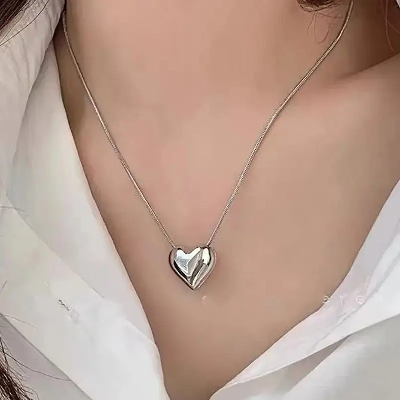 Silver Heart Pendant Necklace for Women – Trendy Korean Snake Chain Choker Jewelry