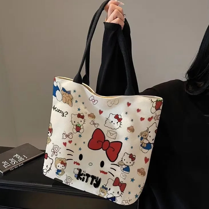 Kawaii Sanrio Hello Kitty Canvas Shoulder Bag – Large Capacity Cute Backpack Schoolbag Handbag Gift for Girls Birthday & Daily Use