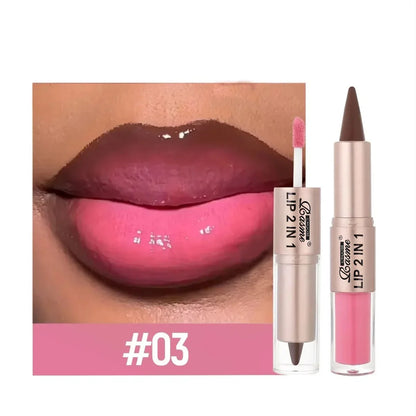 2-in-1 Tapered Lip Liner Pen - Waterproof Nude Brown Lip Contour & Matte Gloss Makeup