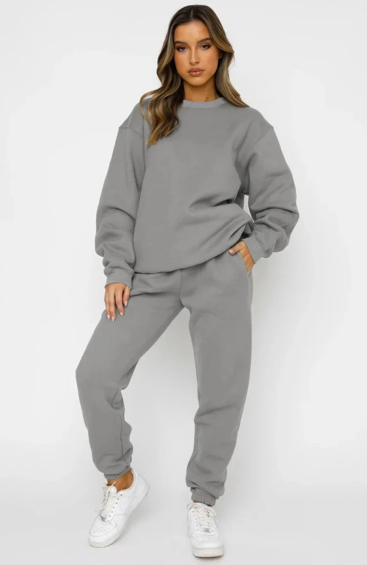 Women’s Casual Long Sleeve Sweatshirt & Pants Set – Solid Color Pullover Trousers, Round Neck Autumn Winter Outfit