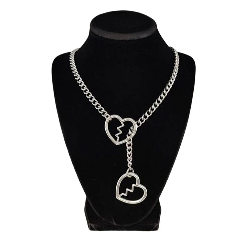 Heart O-Ring Punk Rock Necklace – Stainless Steel Cuban Chain Y-Necklace for Women