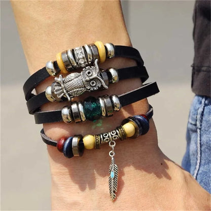 Vintage Gothic Punk Moon & Star Metal Bracelet - Multilayer Leather Bangle for Men, Leaf & Sun Arm Jewelry