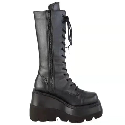 Women’s Winter Platform Combat Boots – Black Leather Punk Goth Military Ankle Booties