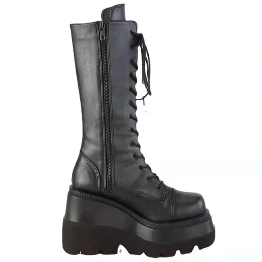 Women’s Winter Platform Combat Boots – Black Leather Punk Goth Military Ankle Booties