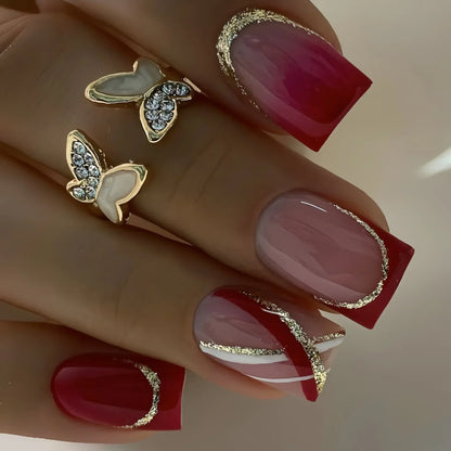 24PCS Short Square Coffin False Nails – French Glitter Acrylic Press-On Nail Tips with Glue, Wearable Fake Nails Set