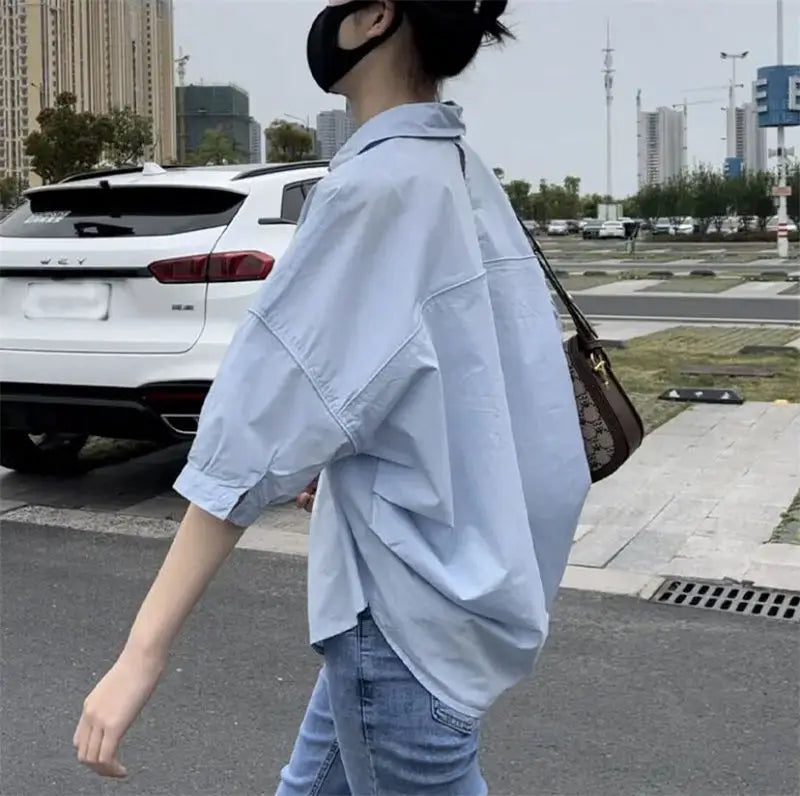 2025 Women’s Cotton Mid-Sleeve Loose Blouse – Casual Irregular Summer Shirt Korean Fashion