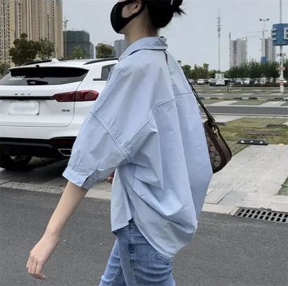 2025 Women’s Cotton Mid-Sleeve Loose Blouse – Casual Irregular Summer Shirt Korean Fashion