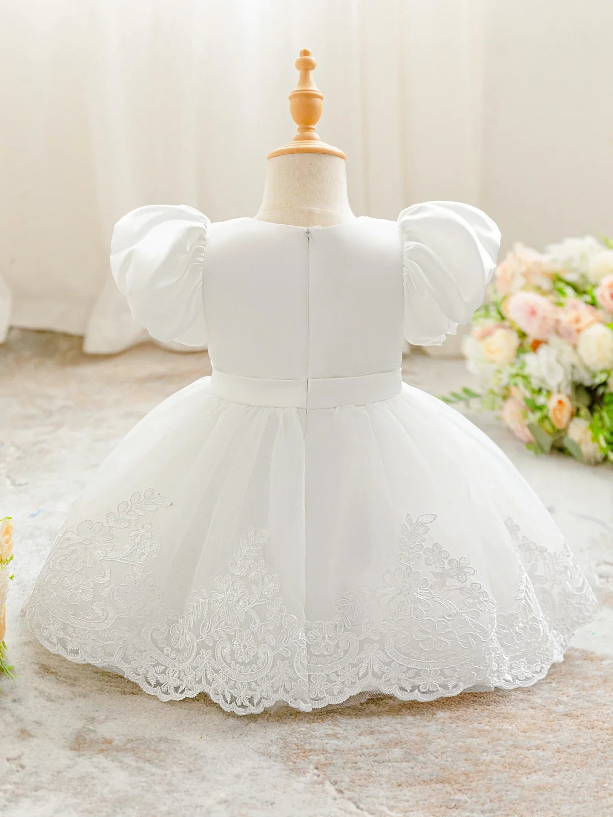 Infant Baby Girl Flower Embroidery Dress - Elegant Bow Princess Gown for Weddings, Baptism & Special Occasions