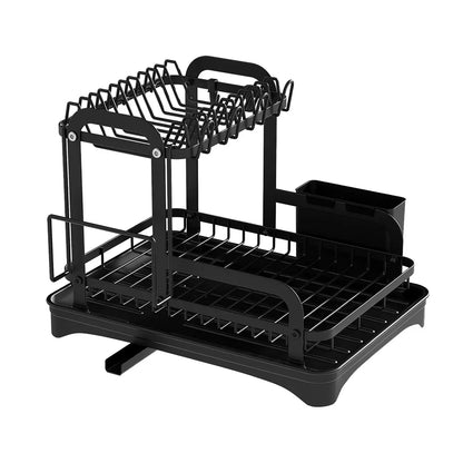 2 Tier Dish Drying Rack with Drain Basket - Kitchen Countertop Dinnerware Organizer | Dish & Bowl Drainer Storage Rack with Drainboard